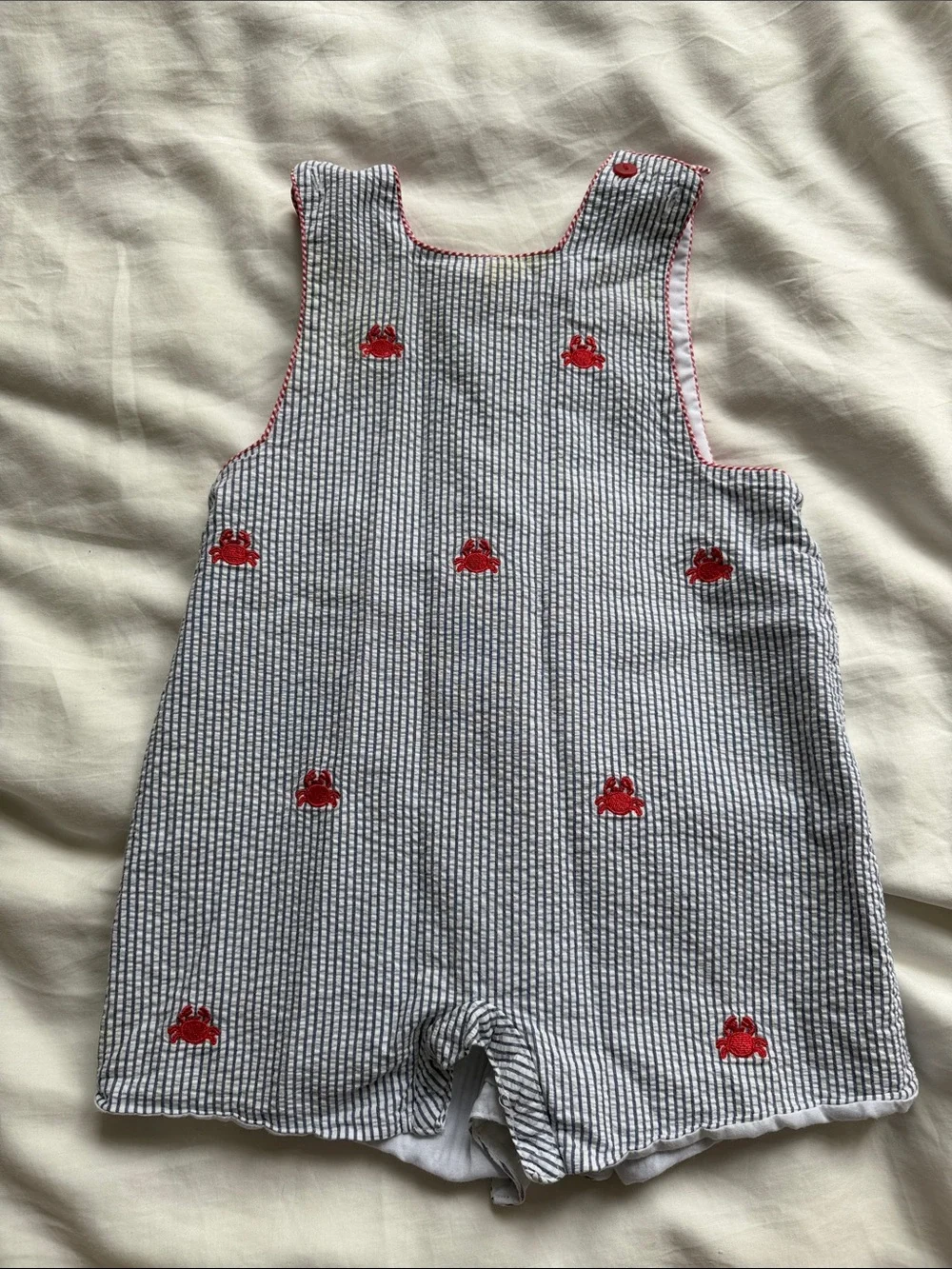Seersucker Crab Embroidered One-Piece Romper - Blue/Red